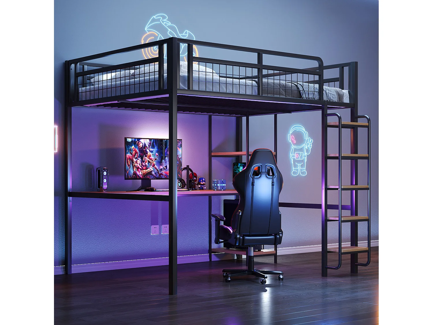 Lit mezzanine métallique avec échelle sécurisée, table et étagère, noir (140x200x182.5cm)