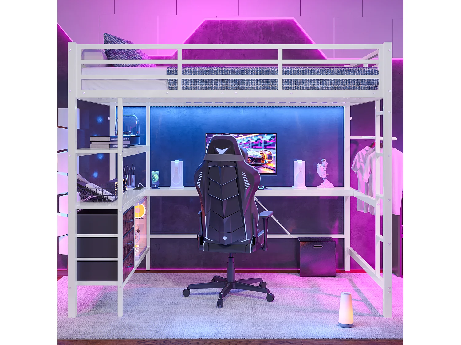 Letto a soppalco con scrivania, illuminazione a LED, porte USB, 3 cassetti, ripiani, bianco, metallo e MDF (215,2x148,2x180,6cm)