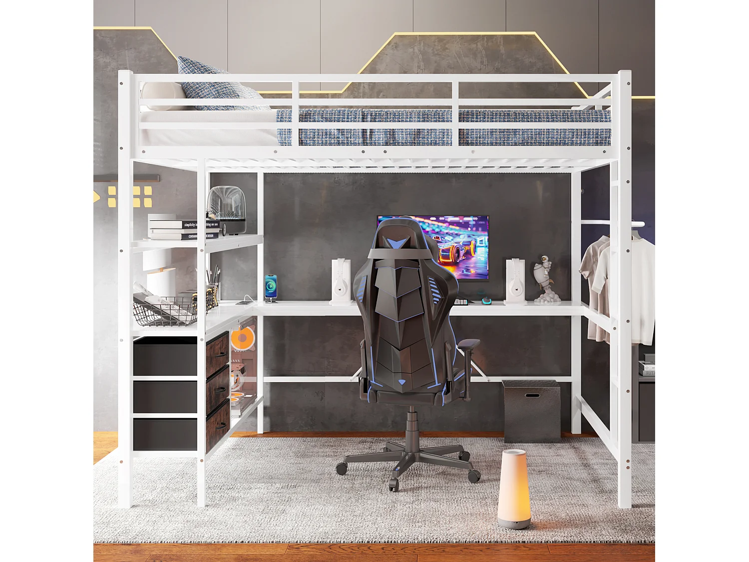 Letto a soppalco con scrivania, illuminazione a LED, porte USB, 3 cassetti, ripiani, bianco, metallo e MDF (215,2x148,2x180,6cm)