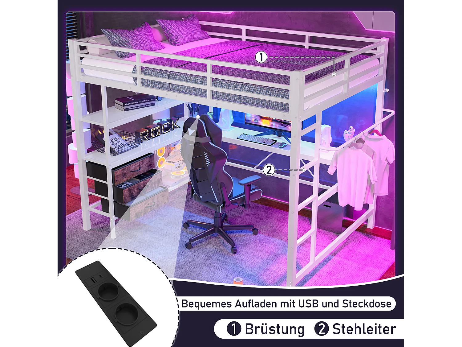 Lit mezzanine avec bureau, éclairage LED, prises USB, 3 tiroirs, étagères, blanc, métal et MDF (215.2x148.2x180.6cm)