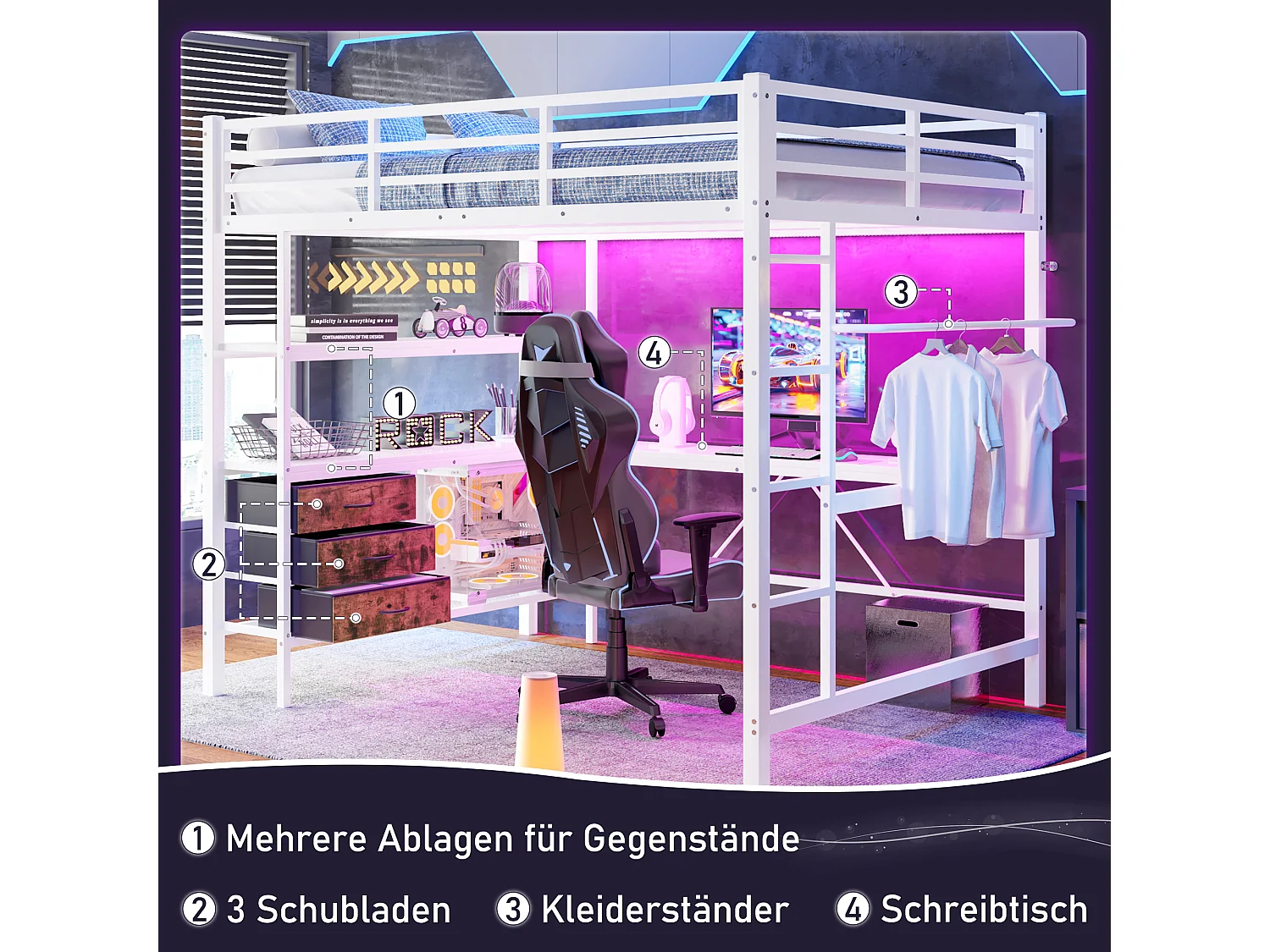 Lit mezzanine avec bureau, éclairage LED, prises USB, 3 tiroirs, étagères, blanc, métal et MDF (215.2x148.2x180.6cm)