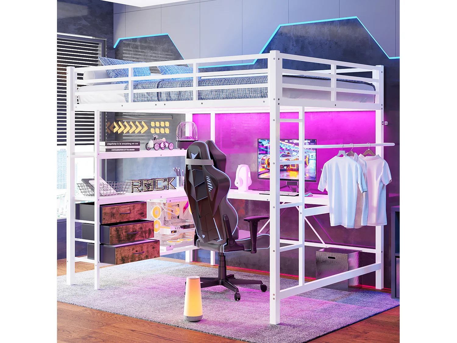 Lit mezzanine avec bureau, éclairage LED, prises USB, 3 tiroirs, étagères, blanc, métal et MDF (215.2x148.2x180.6cm)