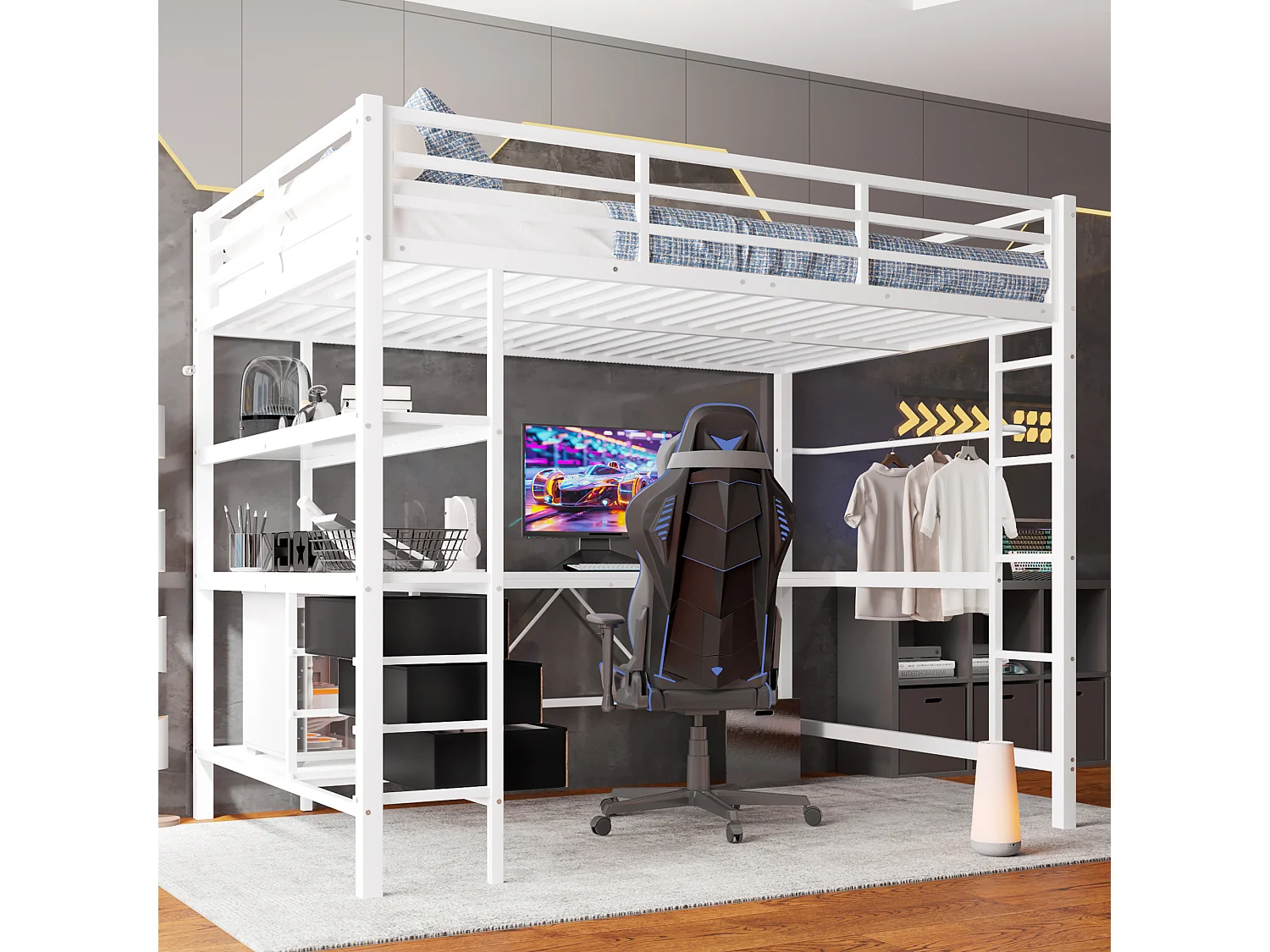 Lit mezzanine avec bureau, éclairage LED, prises USB, 3 tiroirs, étagères, blanc, métal et MDF (215.2x148.2x180.6cm)