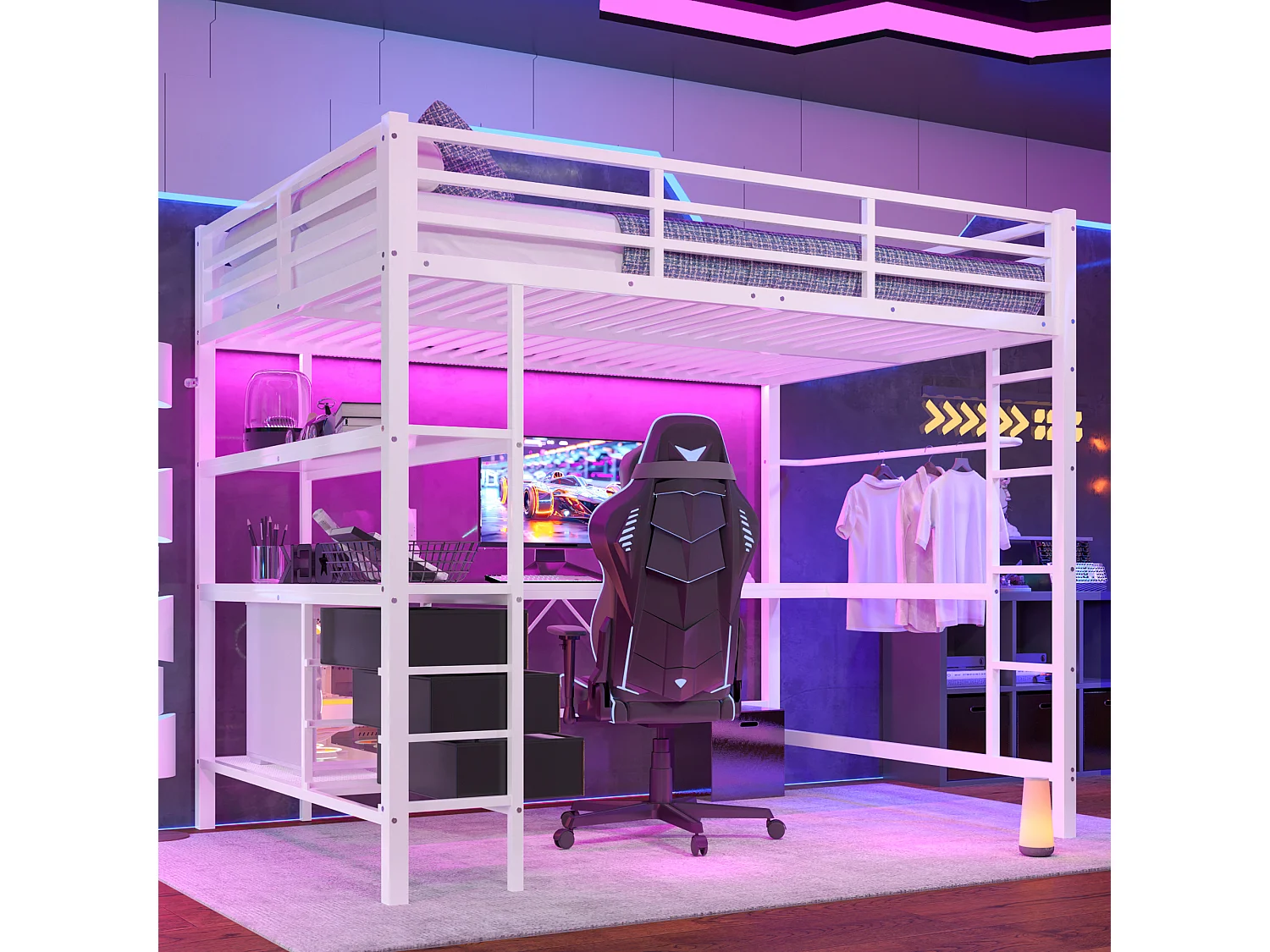 Lit mezzanine avec bureau, éclairage LED, prises USB, 3 tiroirs, étagères, blanc, métal et MDF (215.2x148.2x180.6cm)