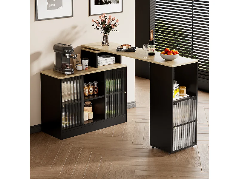 Table bar extensible avec rangement, design moderne, MDF et verre, noir (169.55x47.88x15.24 cm)