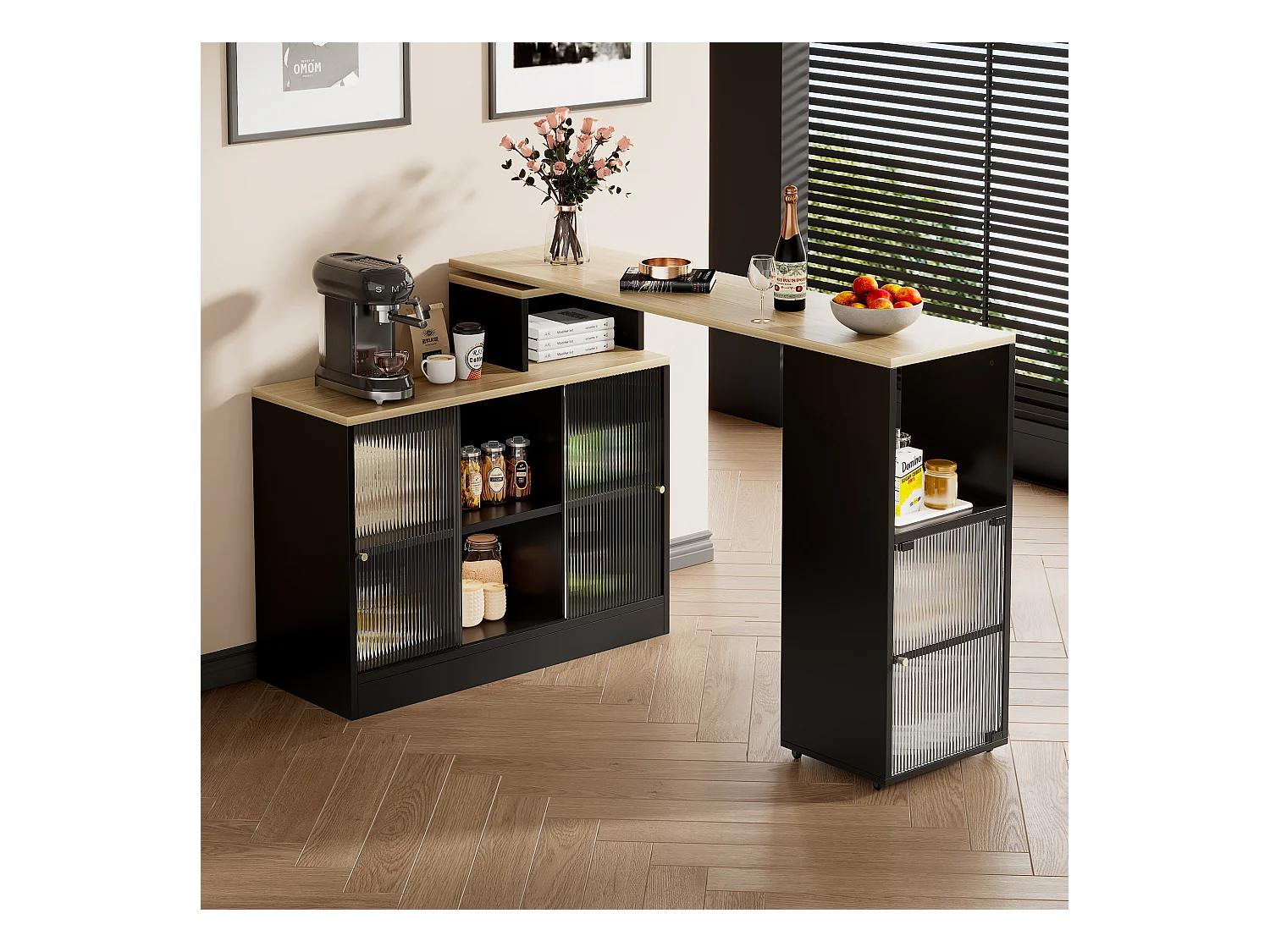Table bar extensible avec rangement, design moderne, MDF et verre, noir (169.55x47.88x15.24 cm)