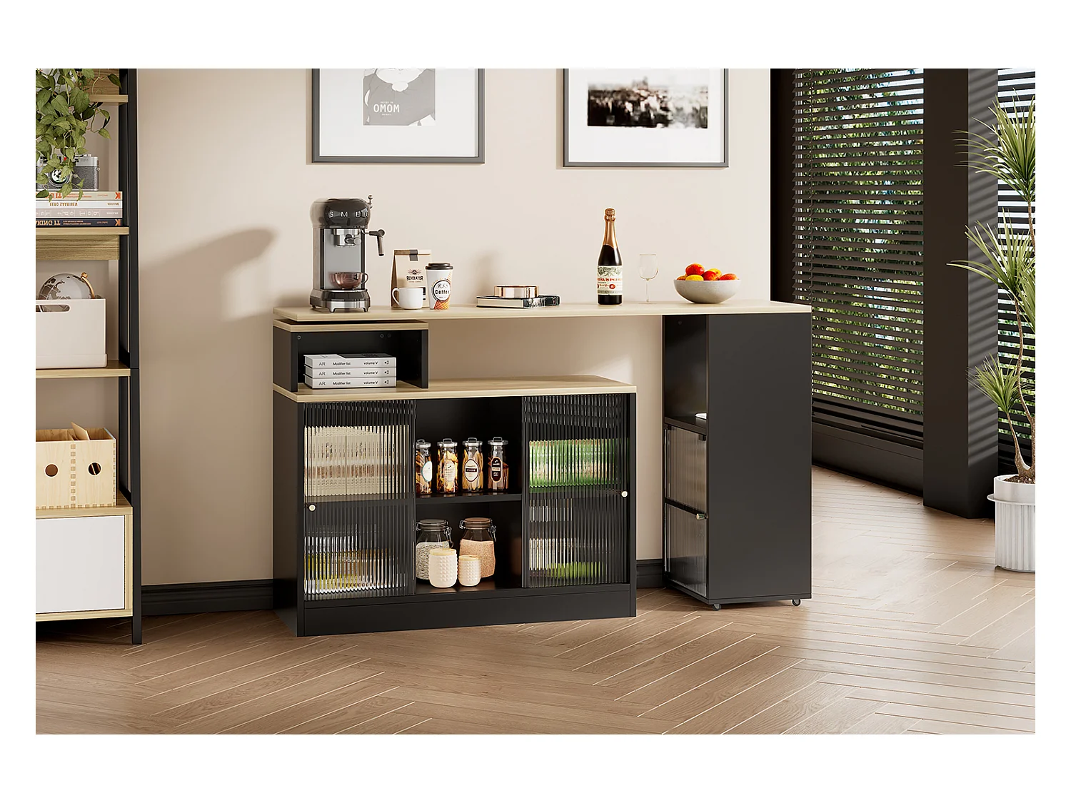 Table bar extensible avec rangement, design moderne, MDF et verre, noir (169.55x47.88x15.24 cm)