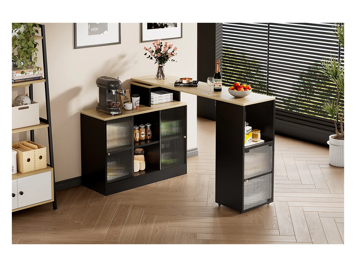 Table bar extensible avec rangement, design moderne, MDF et verre, noir (169.55x47.88x15.24 cm)