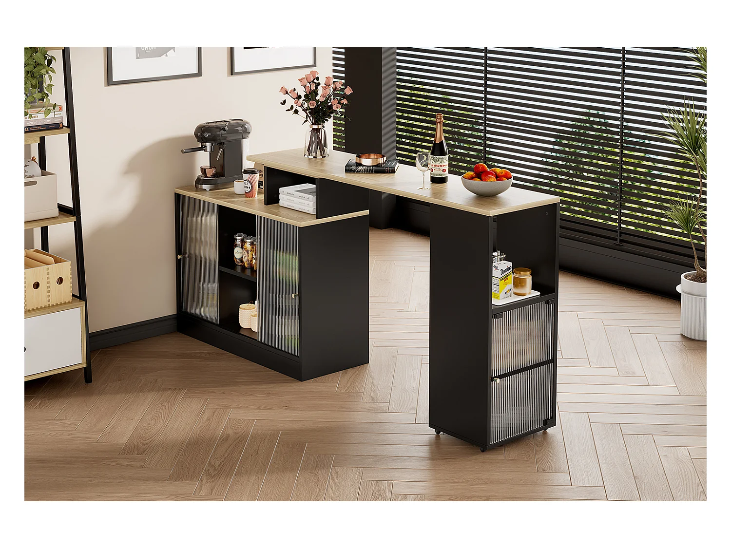 Table bar extensible avec rangement, design moderne, MDF et verre, noir (169.55x47.88x15.24 cm)