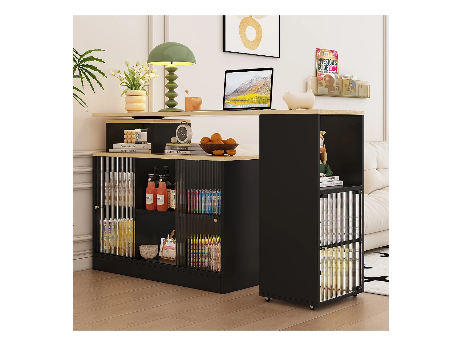 Table bar extensible avec rangement, design moderne, MDF et verre, noir (169.55x47.88x15.24 cm)