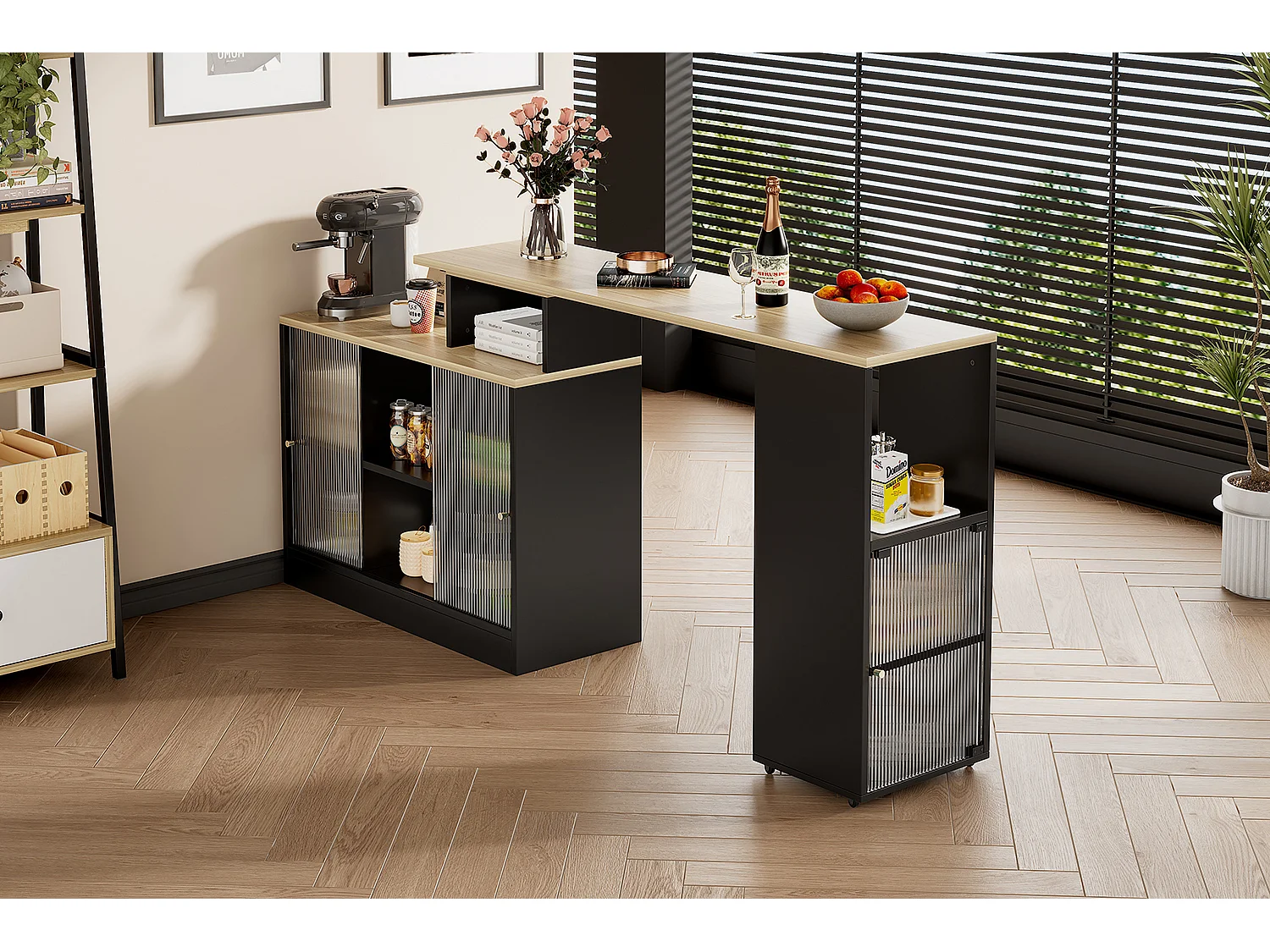 Table bar extensible avec rangement, design moderne, MDF et verre, noir (169.55x47.88x15.24 cm)