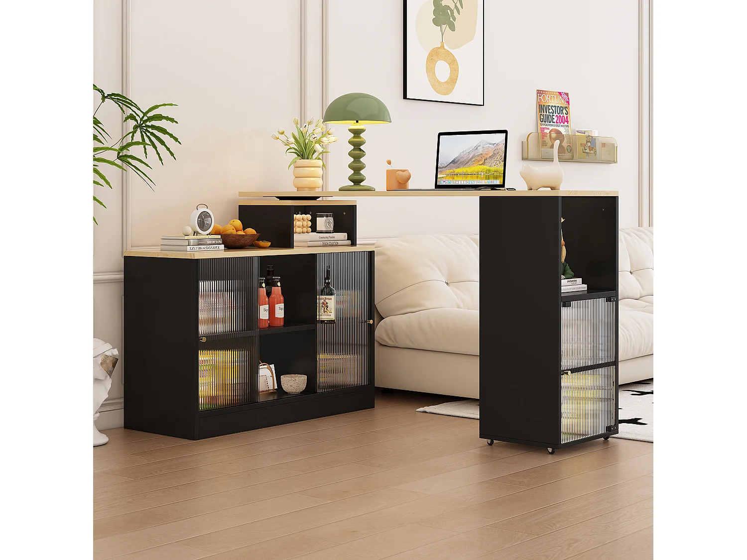 Table bar extensible avec rangement, design moderne, MDF et verre, noir (169.55x47.88x15.24 cm)