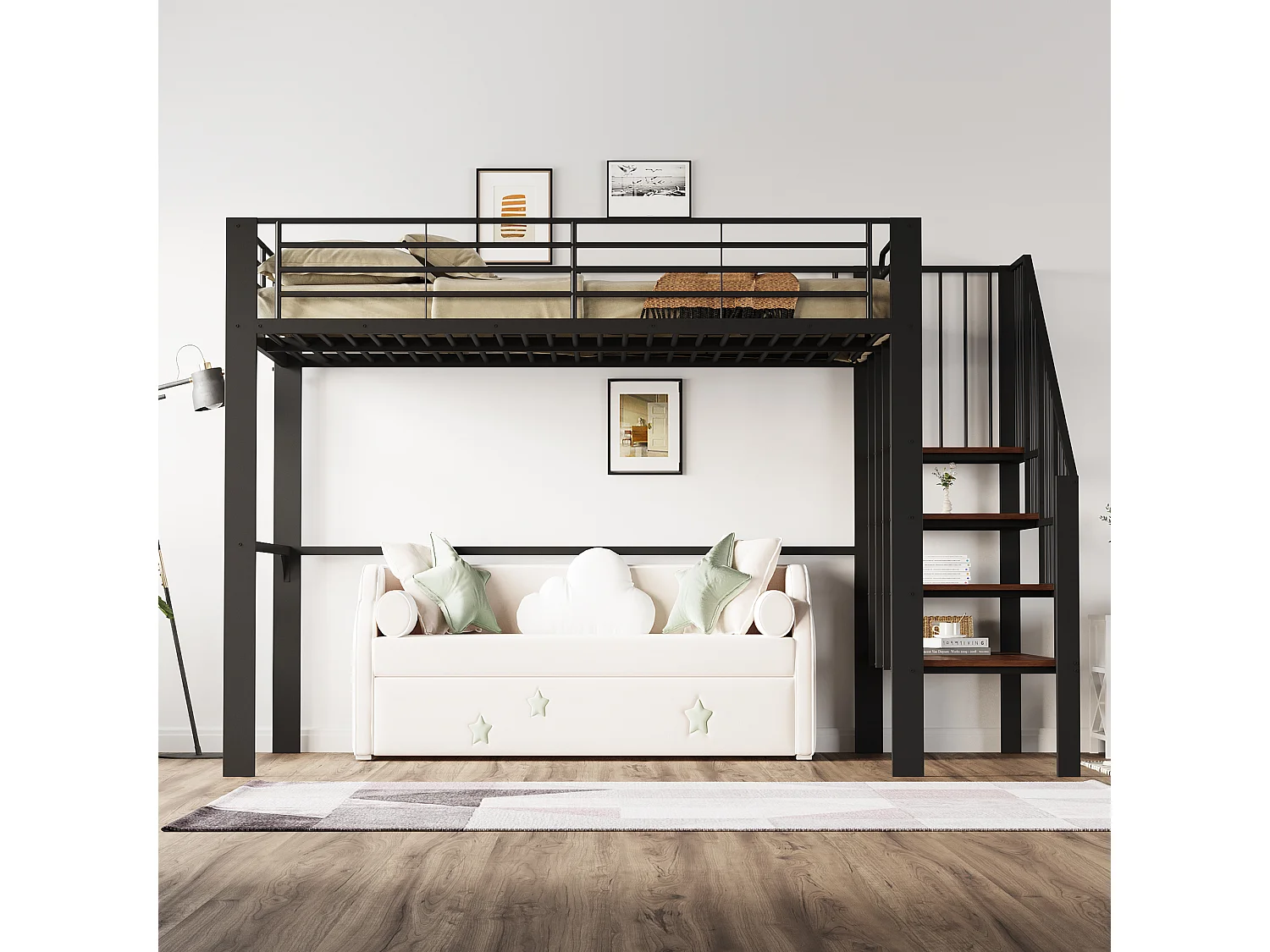 Hoogslaper 140x200 cm, stevig metalen frame met trap en geïntegreerde opbergruimte, metaal en hout, zwart (215,5x145x169 cm)