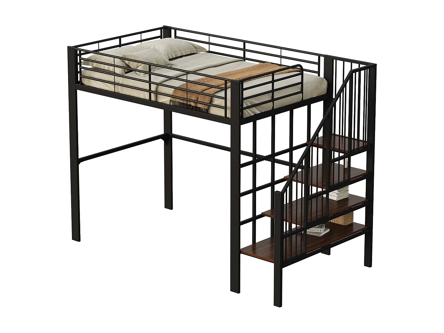 Hoogslaper 140x200 cm, stevig metalen frame met trap en geïntegreerde opbergruimte, metaal en hout, zwart (215,5x145x169 cm)