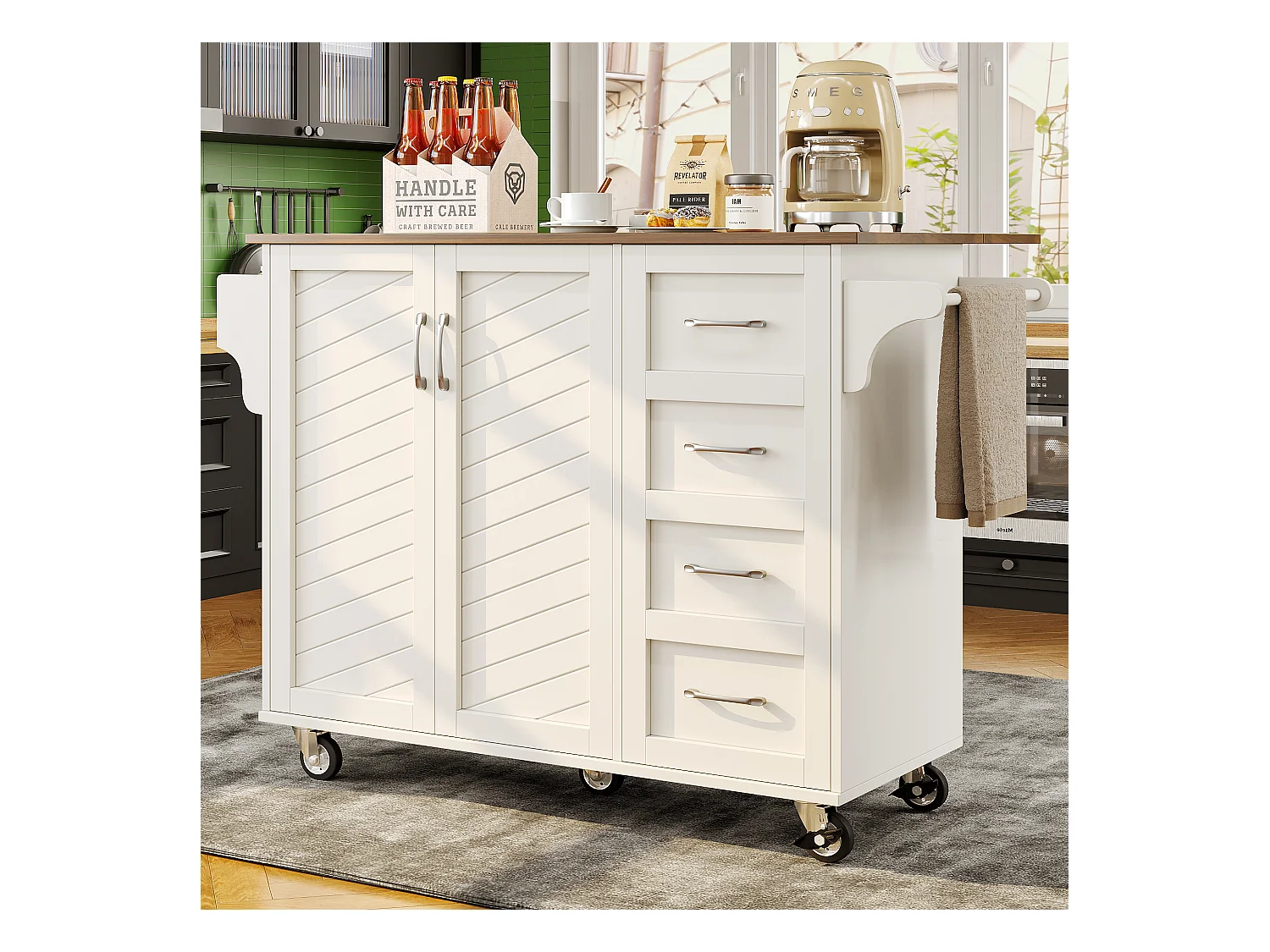 Chariot de cuisine à portes rayées diagonales, avec tablette pliante, étagères réglables et porte-épices, MDF, blanc (107x40x93cm)