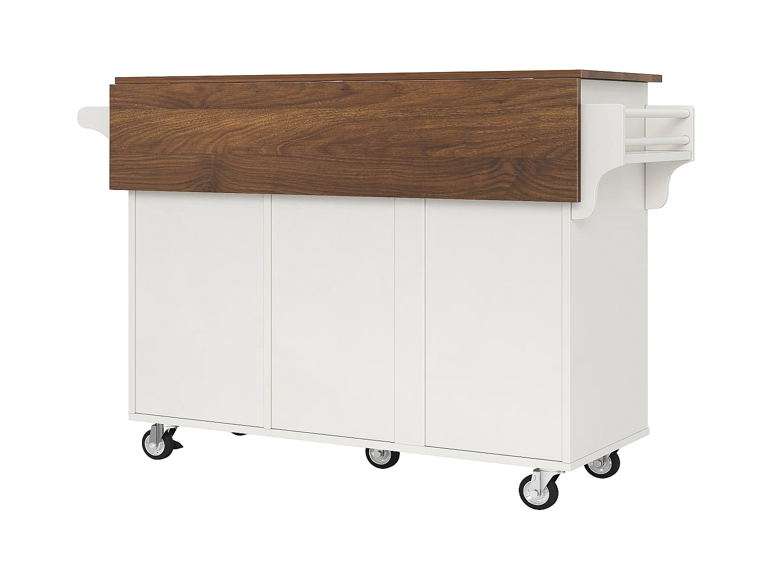 Chariot de cuisine à portes rayées diagonales, avec tablette pliante, étagères réglables et porte-épices, MDF, blanc (107x40x93cm)