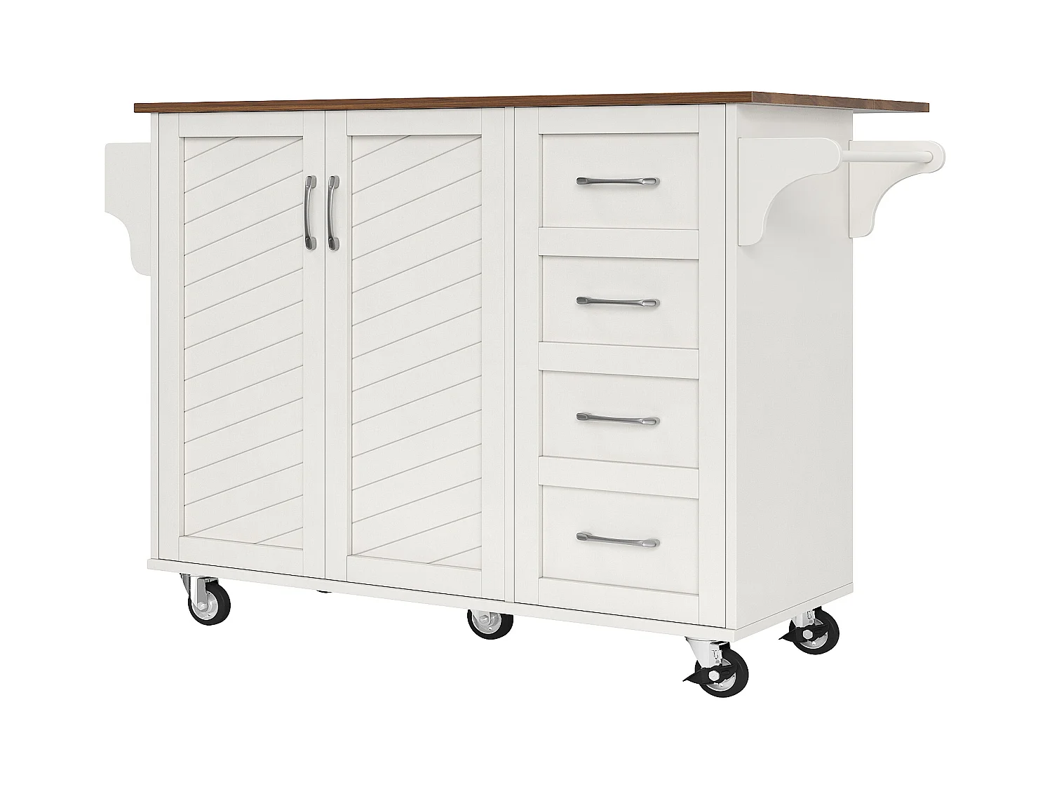 Chariot de cuisine à portes rayées diagonales, avec tablette pliante, étagères réglables et porte-épices, MDF, blanc (107x40x93cm)