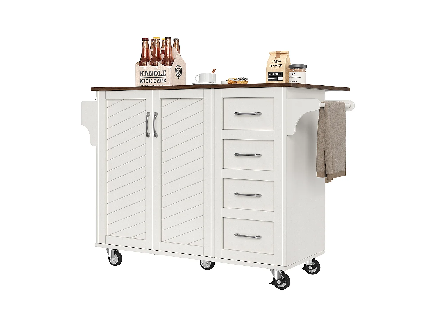 Chariot de cuisine à portes rayées diagonales, avec tablette pliante, étagères réglables et porte-épices, MDF, blanc (107x40x93cm)