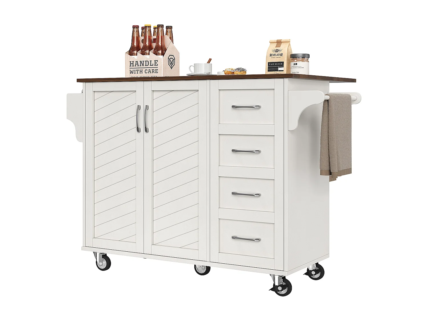 Keukentrolley met diagonaal gestreepte deuren, met uitklapbare plank, verstelbare planken en kruidenrek, MDF, wit (107x40x93cm)