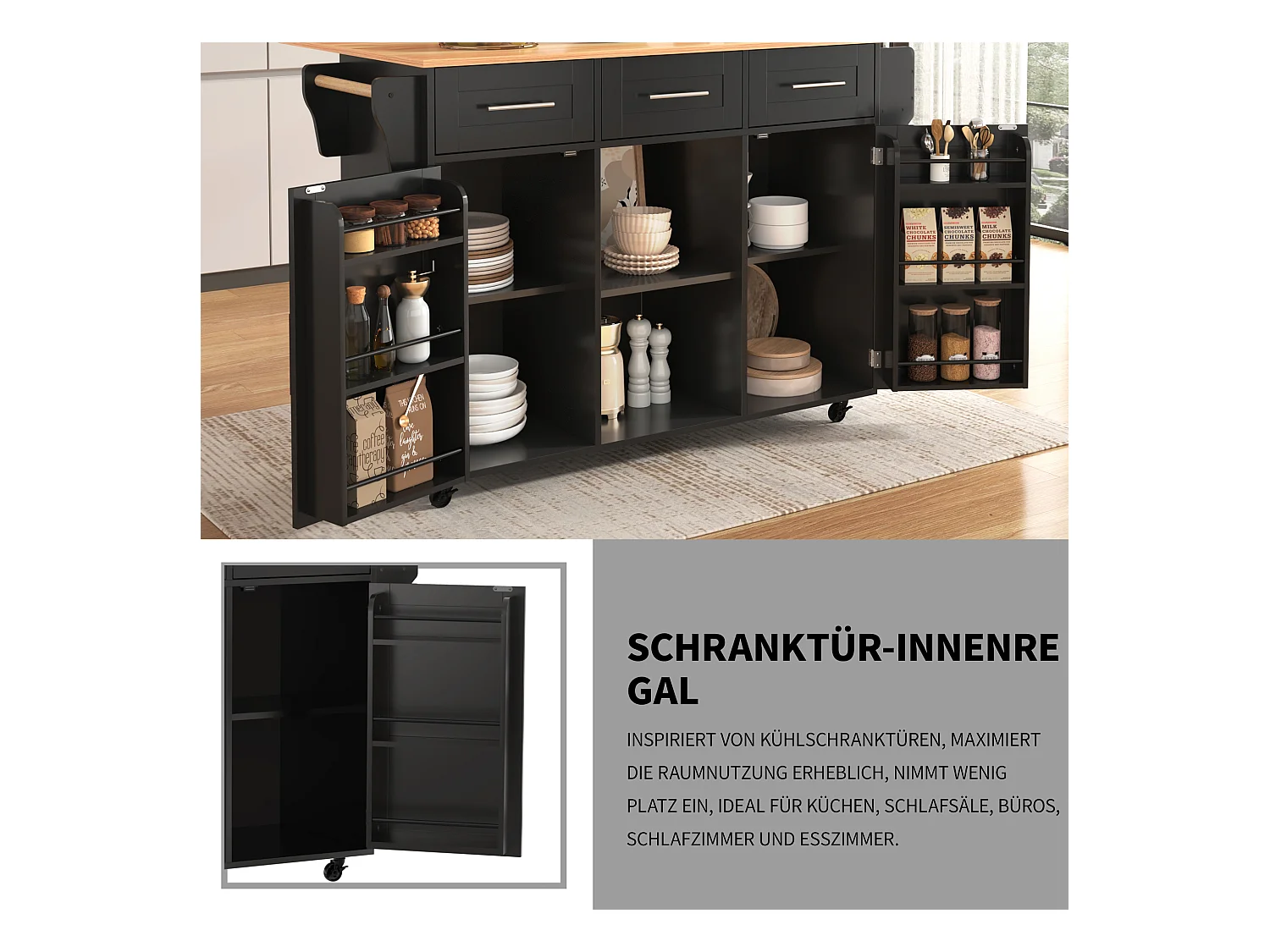 Buffet de cuisine roulant avec plateau rabattable, design européen, MDF noir et bois massif, 4 tiroirs et étagères (139x46x91.5cm)