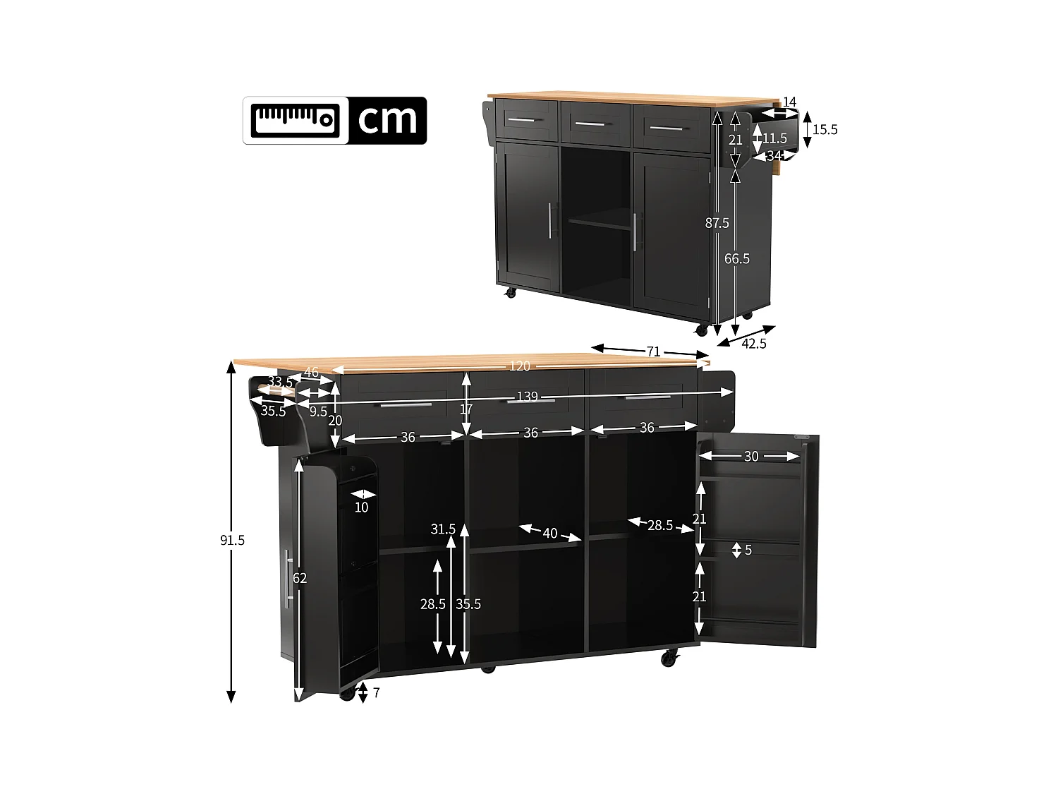 Buffet de cuisine roulant avec plateau rabattable, design européen, MDF noir et bois massif, 4 tiroirs et étagères (139x46x91.5cm)