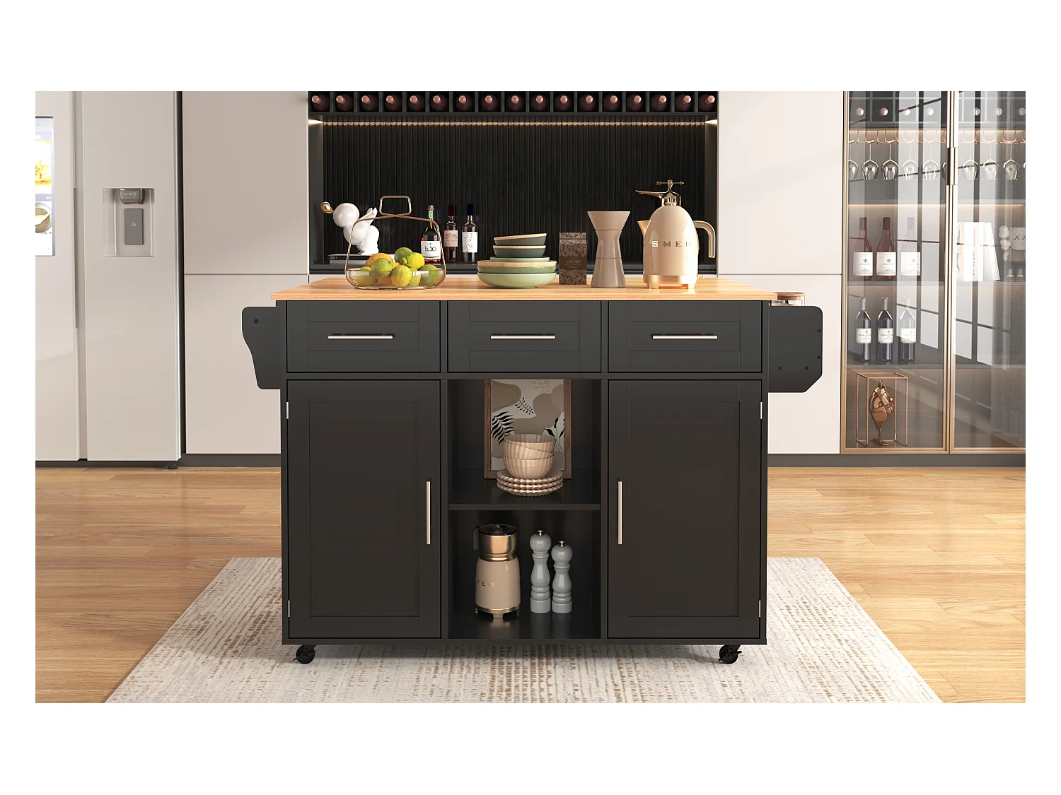 Buffet de cuisine roulant avec plateau rabattable, design européen, MDF noir et bois massif, 4 tiroirs et étagères (139x46x91.5cm)