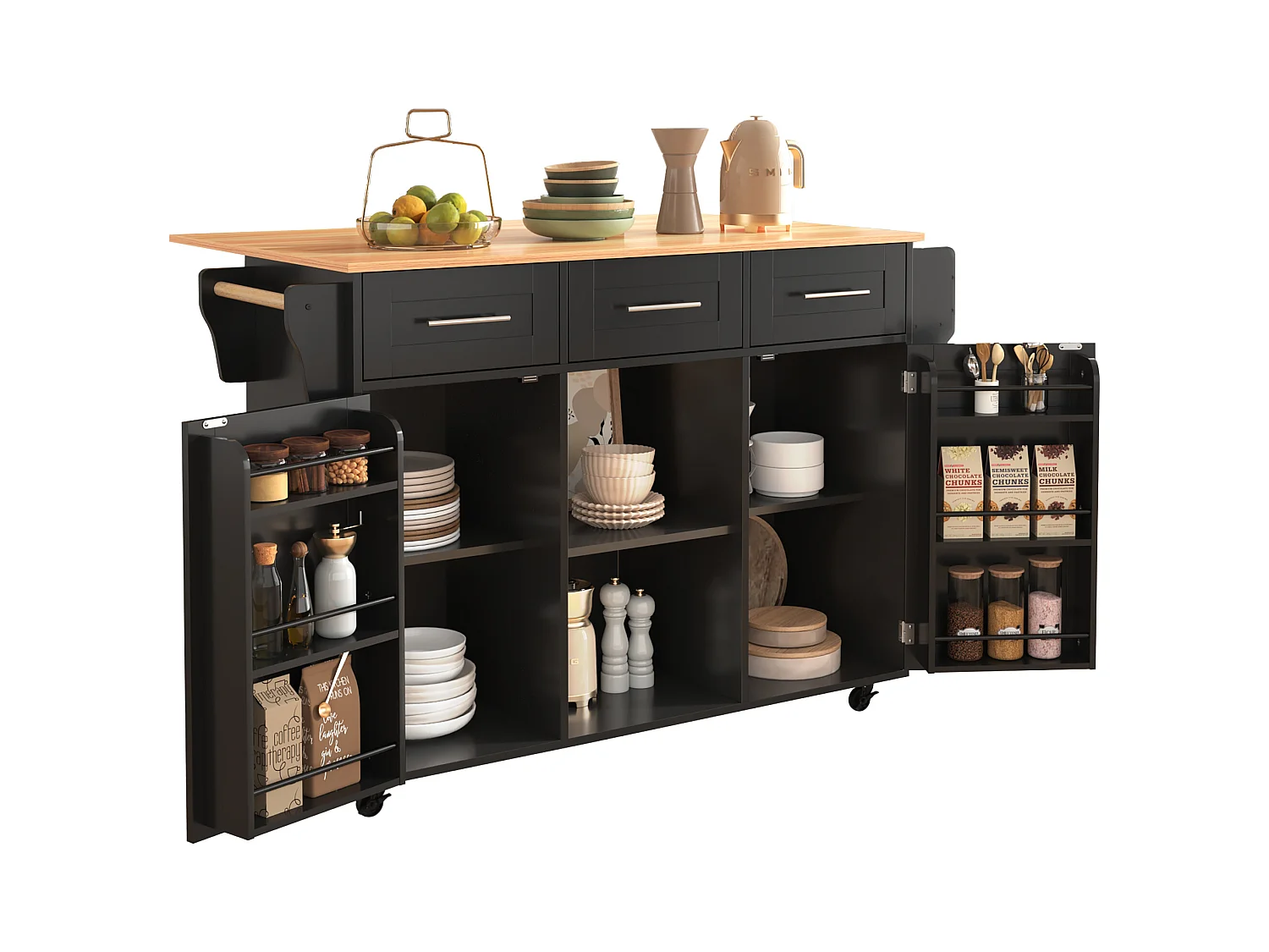 Buffet de cuisine roulant avec plateau rabattable, design européen, MDF noir et bois massif, 4 tiroirs et étagères (139x46x91.5cm)