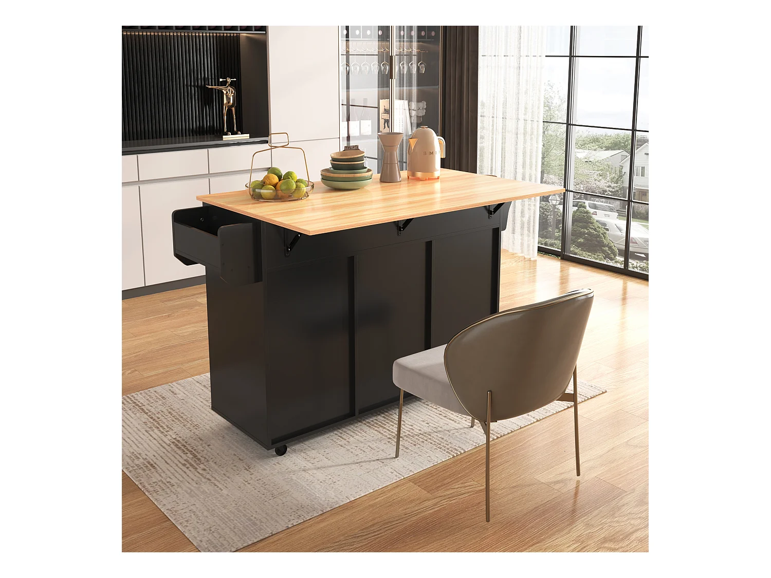 Buffet de cuisine roulant avec plateau rabattable, design européen, MDF noir et bois massif, 4 tiroirs et étagères (139x46x91.5cm)