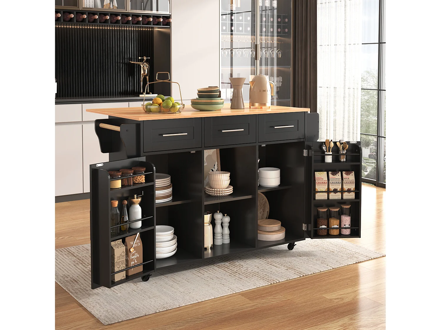 Buffet de cuisine roulant avec plateau rabattable, design européen, MDF noir et bois massif, 4 tiroirs et étagères (139x46x91.5cm)