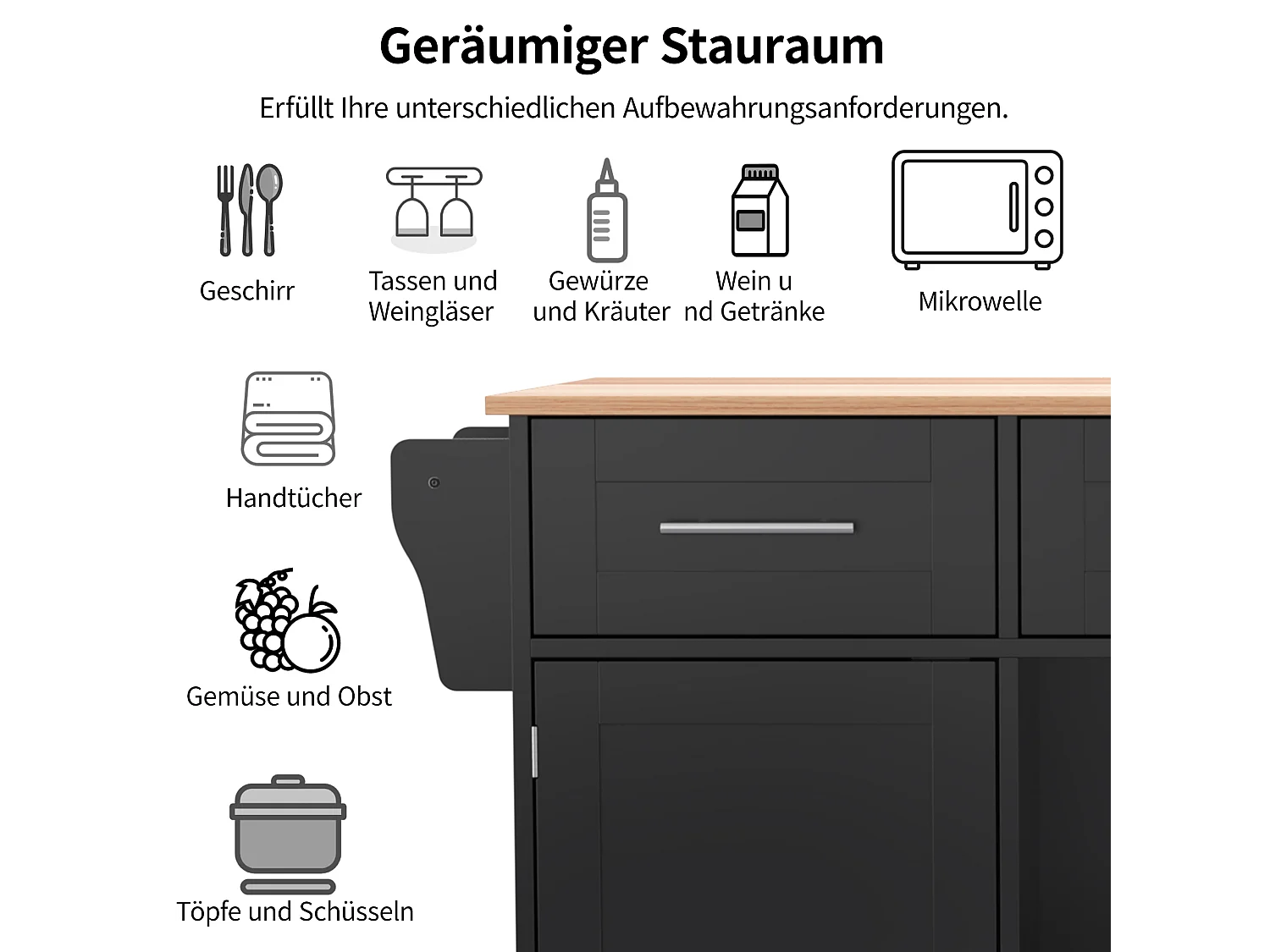 Buffet de cuisine roulant avec plateau rabattable, design européen, MDF noir et bois massif, 4 tiroirs et étagères (139x46x91.5cm)
