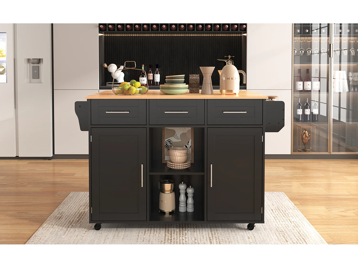 Buffet de cuisine roulant avec plateau rabattable, design européen, MDF noir et bois massif, 4 tiroirs et étagères (139x46x91.5cm)