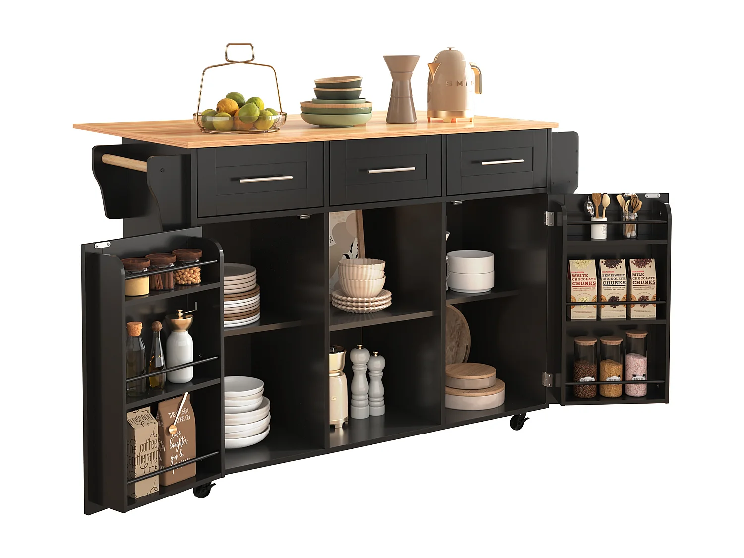 Buffet de cuisine roulant avec plateau rabattable, design européen, MDF noir et bois massif, 4 tiroirs et étagères (139x46x91.5cm)