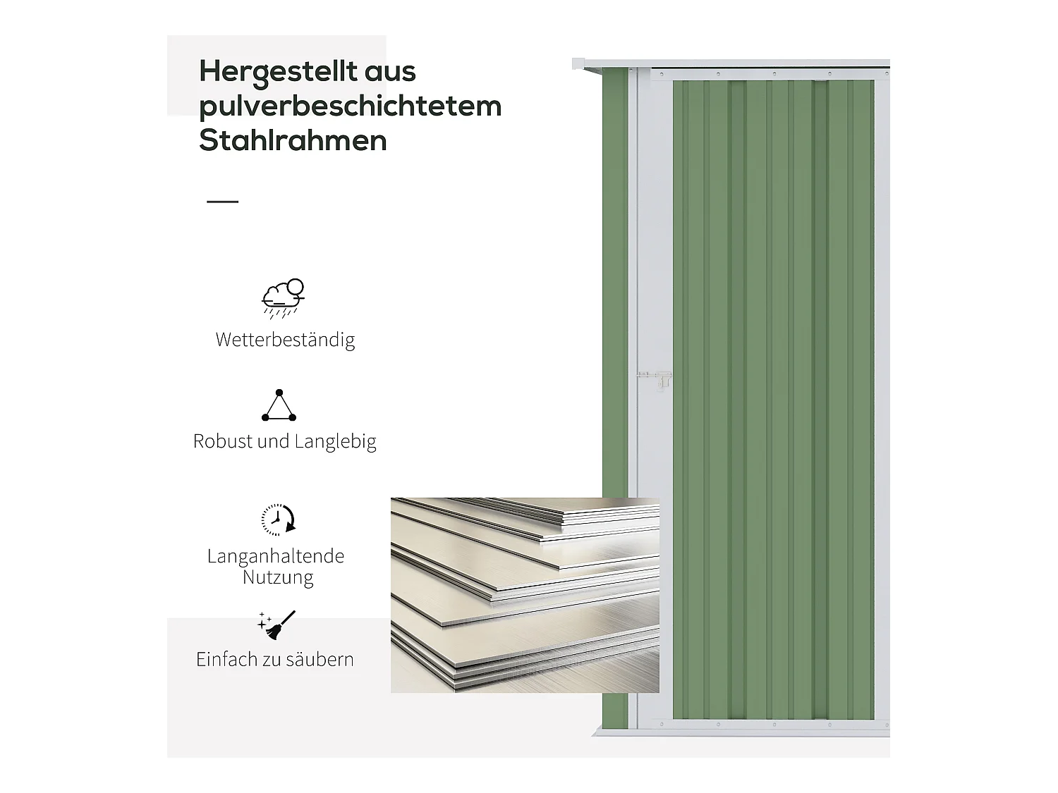 Abri de jardin métallique avec porte, résistant aux intempéries, acier, vert (142x84x189cm)