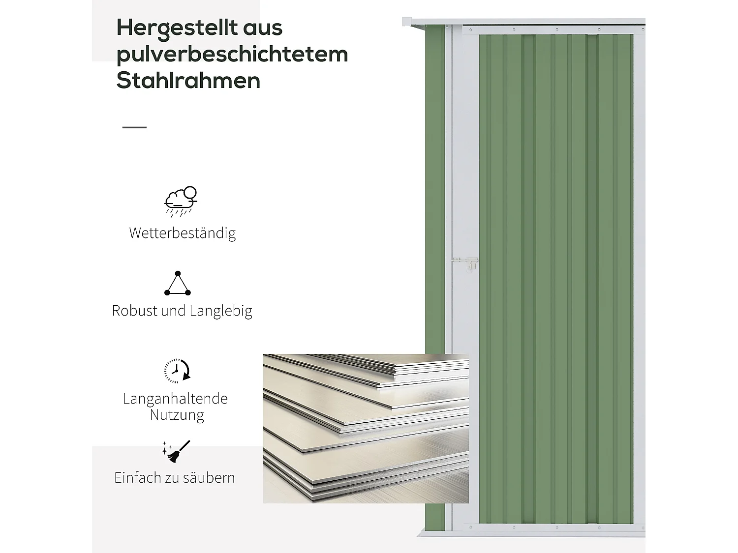 Abri de jardin métallique avec porte, résistant aux intempéries, acier, vert (142x84x189cm)