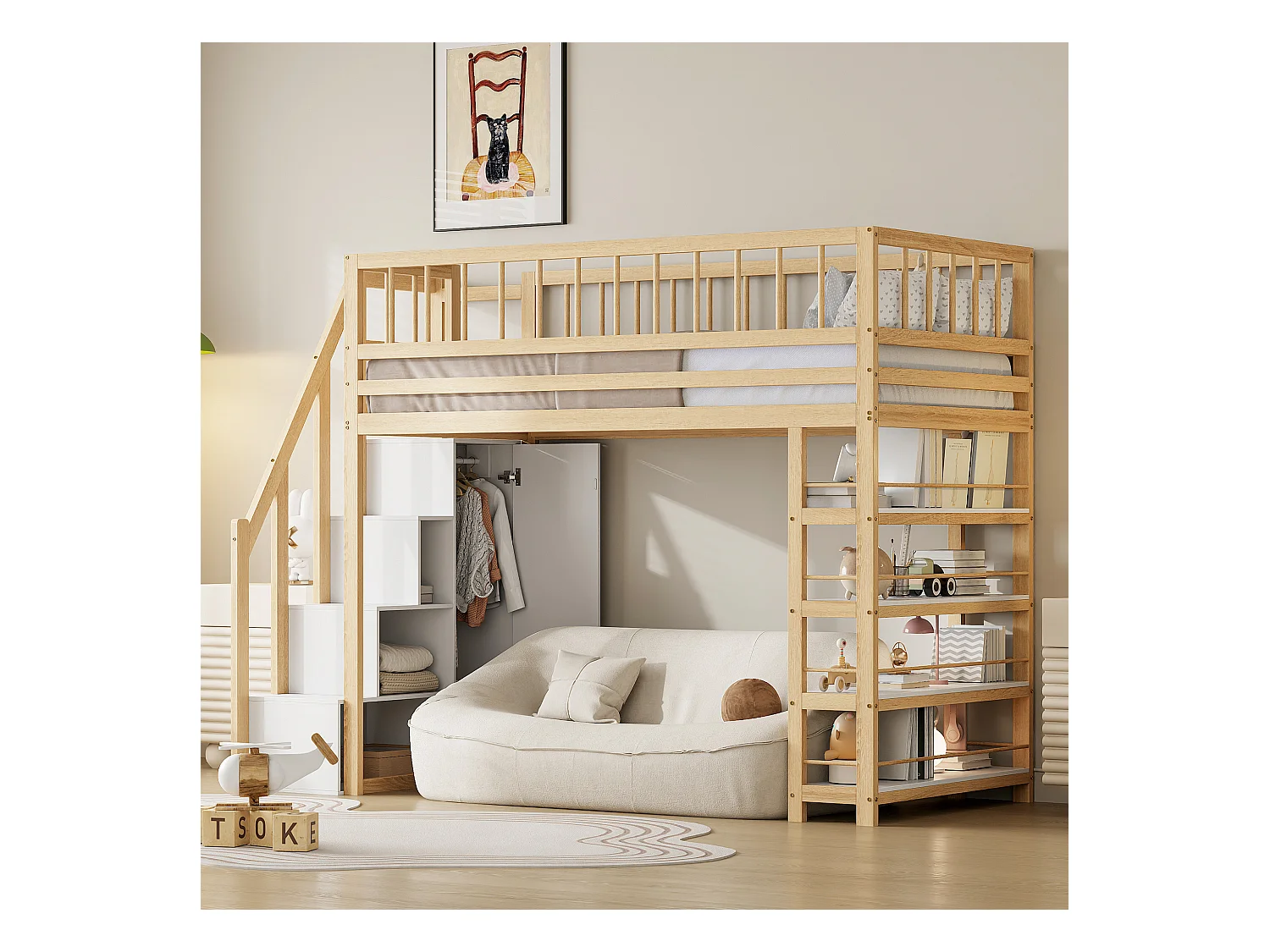 Lit mezzanine sécurisé avec placard, étagères et espace de rangement, design multifonction, bois massif, couleur bois (244.3x103.3x180cm)