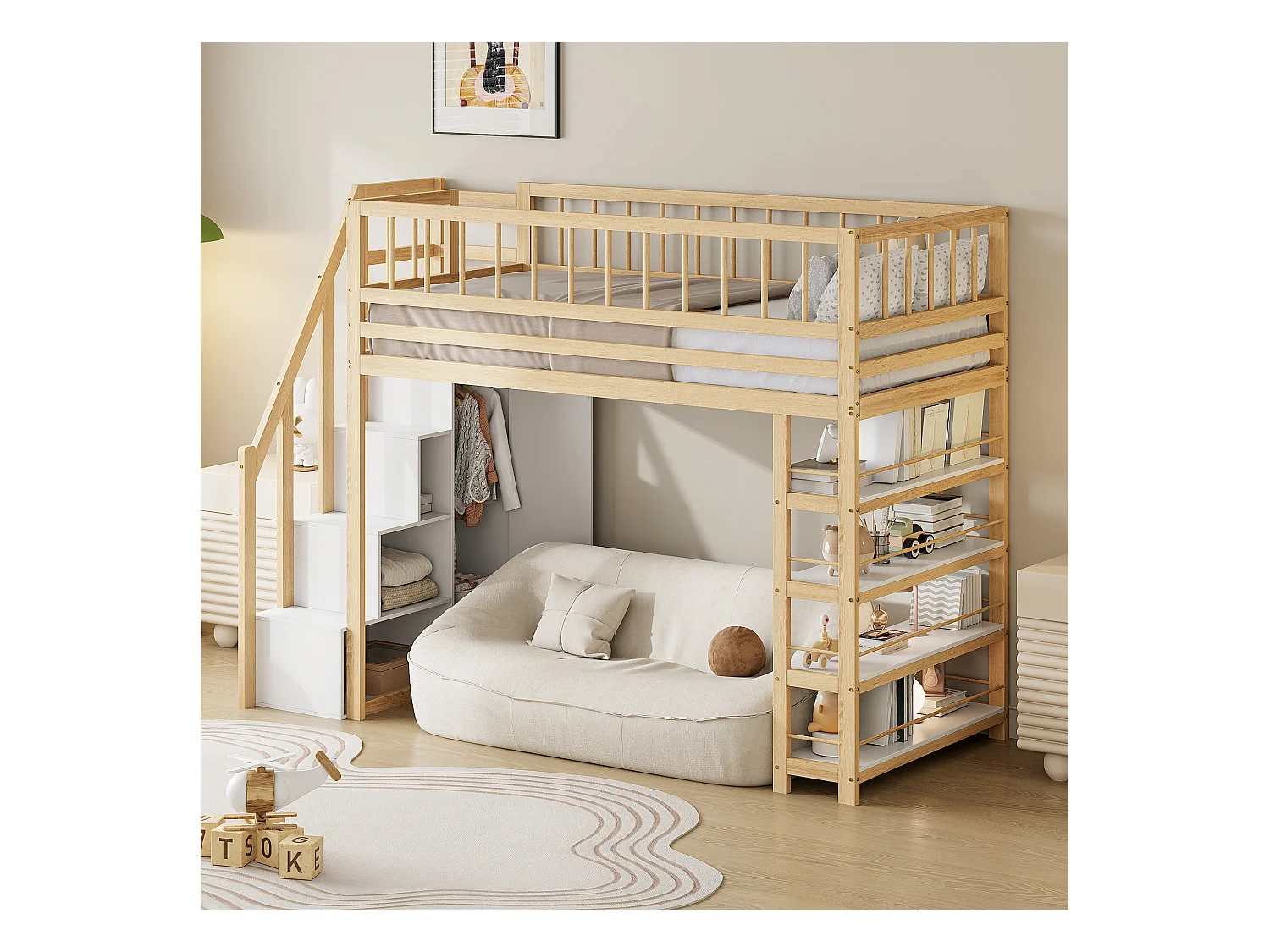 Lit mezzanine sécurisé avec placard, étagères et espace de rangement, design multifonction, bois massif, couleur bois (244.3x103.3x180cm)