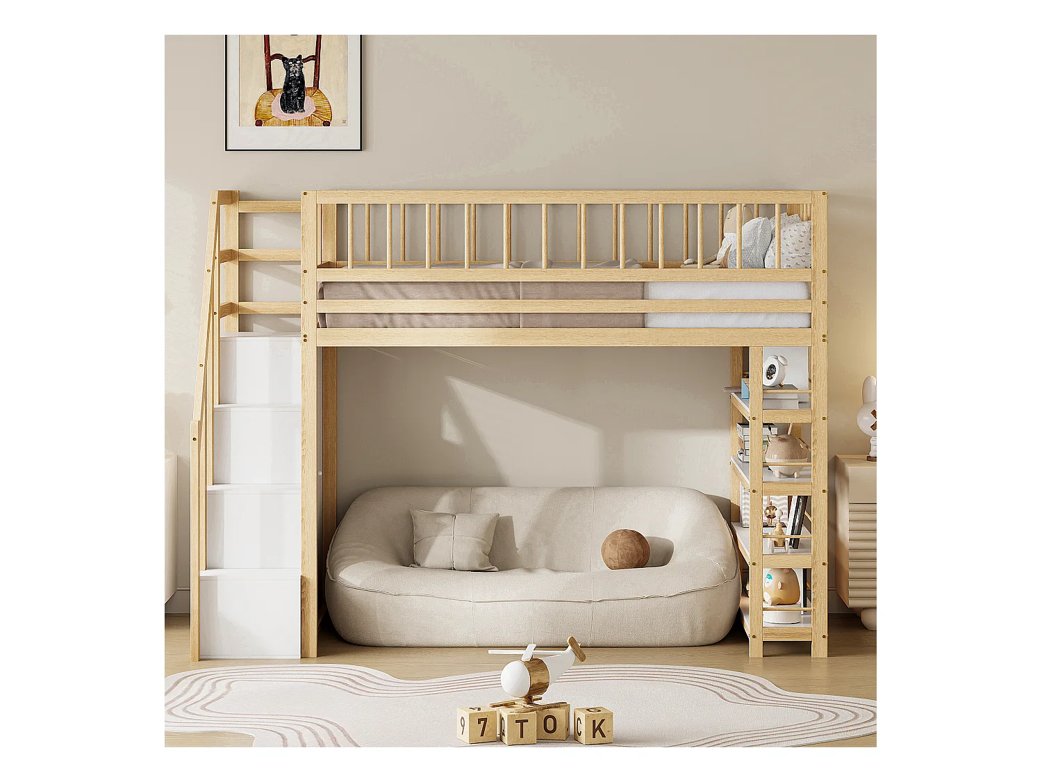 Lit mezzanine sécurisé avec placard, étagères et espace de rangement, design multifonction, bois massif, couleur bois (244.3x103.3x180cm)