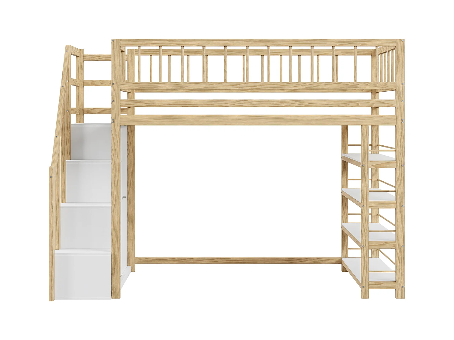 Lit mezzanine sécurisé avec placard, étagères et espace de rangement, design multifonction, bois massif, couleur bois (244.3x103.3x180cm)