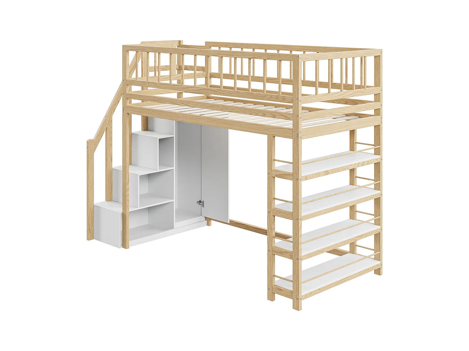 Lit mezzanine sécurisé avec placard, étagères et espace de rangement, design multifonction, bois massif, couleur bois (244.3x103.3x180cm)