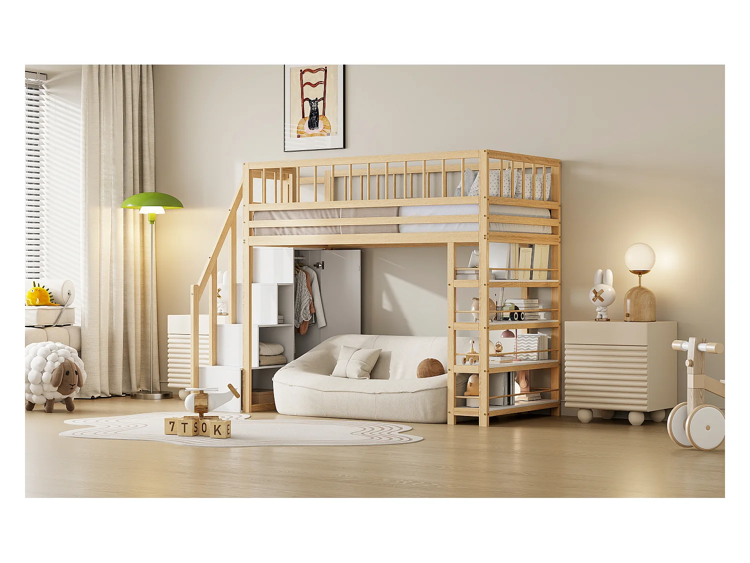 Lit mezzanine sécurisé avec placard, étagères et espace de rangement, design multifonction, bois massif, couleur bois (244.3x103.3x180cm)