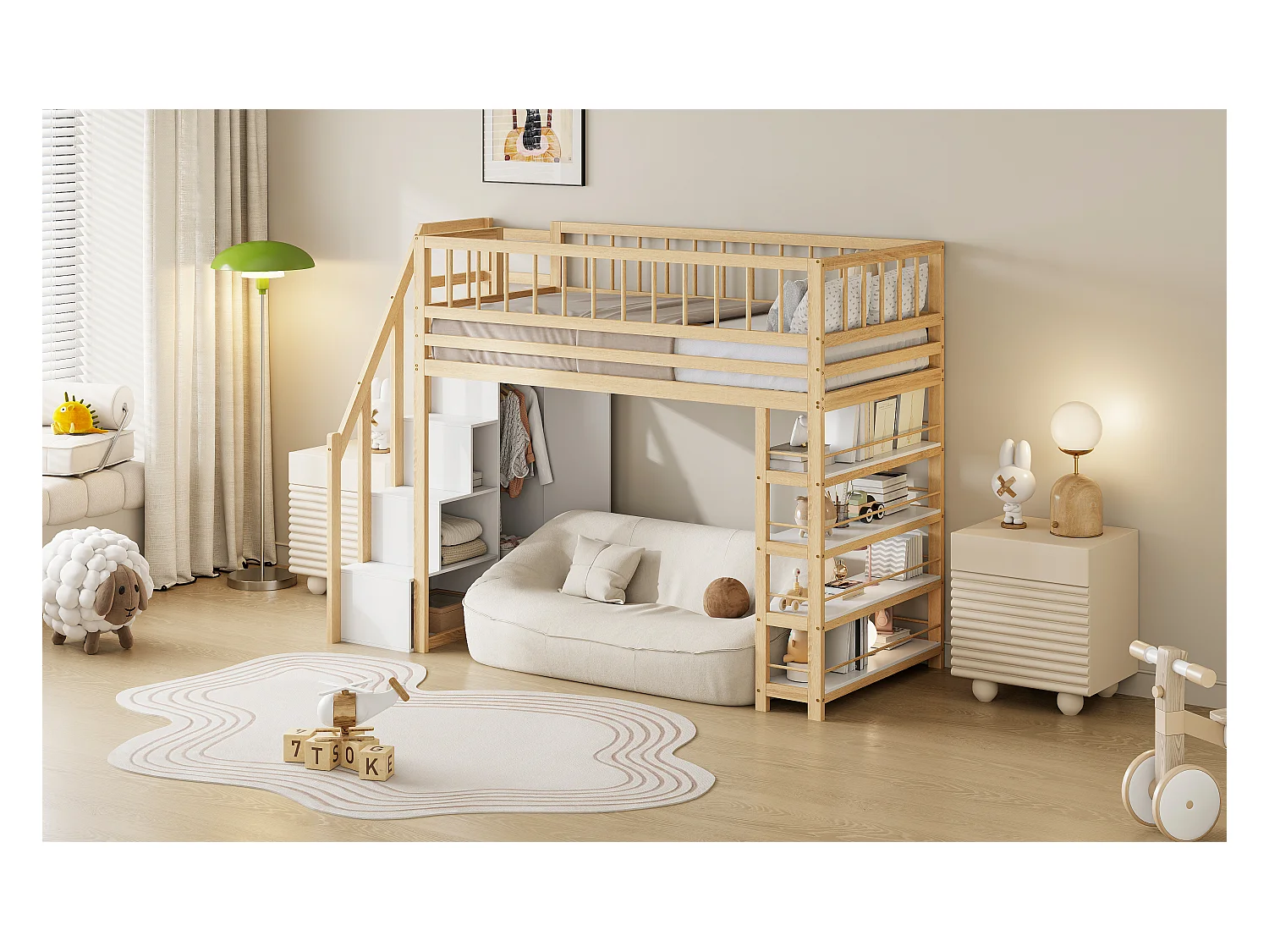 Lit mezzanine sécurisé avec placard, étagères et espace de rangement, design multifonction, bois massif, couleur bois (244.3x103.3x180cm)