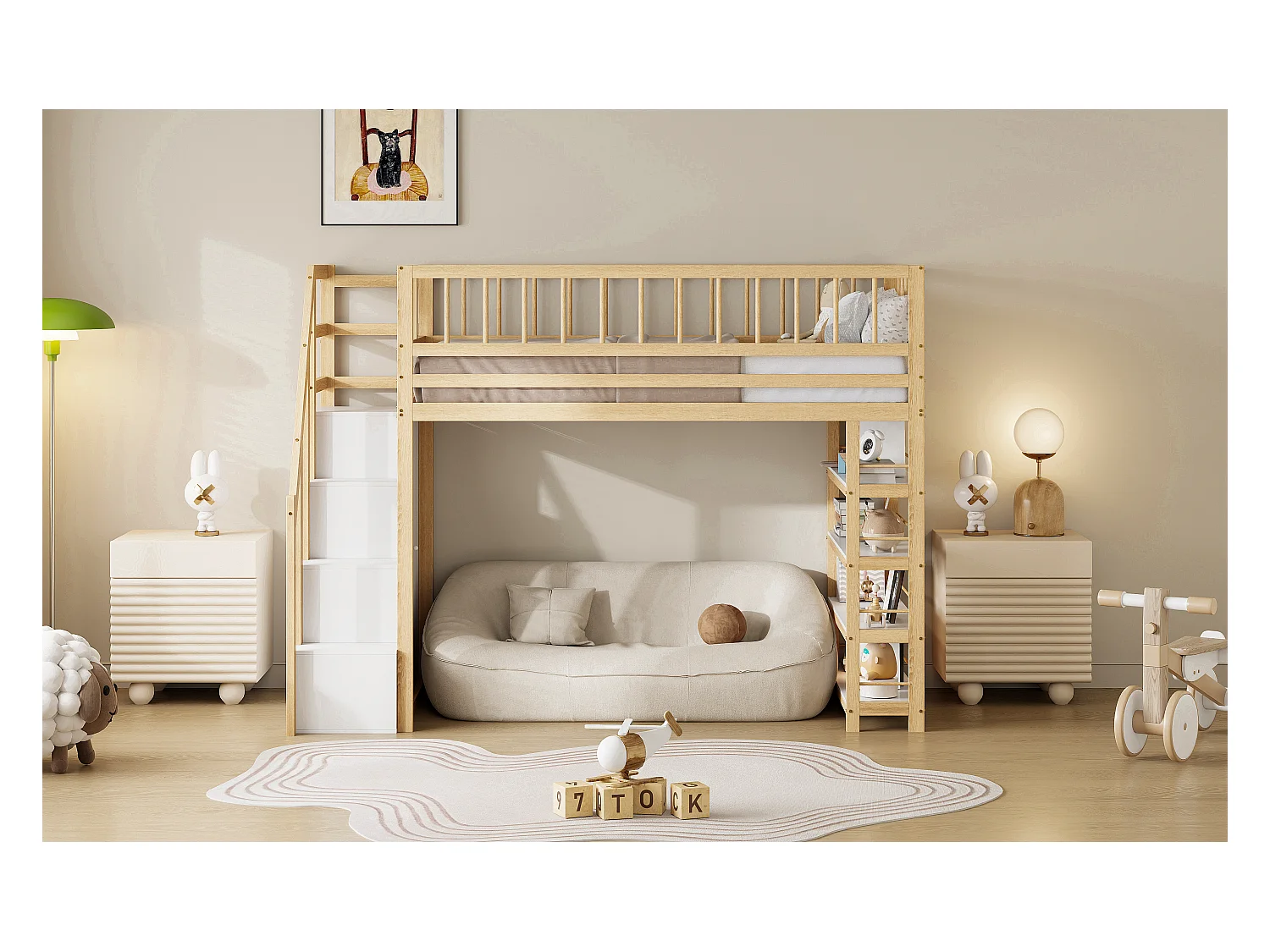 Lit mezzanine sécurisé avec placard, étagères et espace de rangement, design multifonction, bois massif, couleur bois (244.3x103.3x180cm)