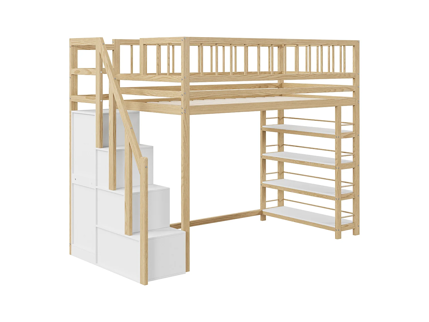 Lit mezzanine sécurisé avec placard, étagères et espace de rangement, design multifonction, bois massif, couleur bois (244.3x103.3x180cm)