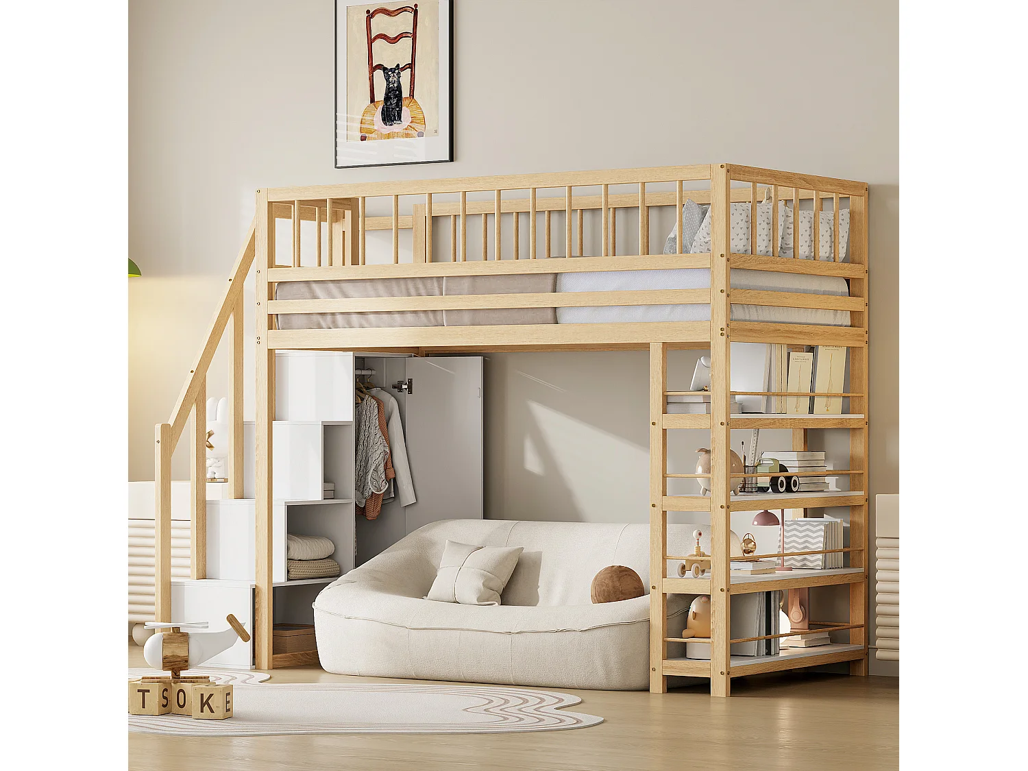 Letto a soppalco sicuro con armadio, ripiani e spazio di archiviazione, design multifunzionale, legno massello, color legno (244,3x103,3x180cm)