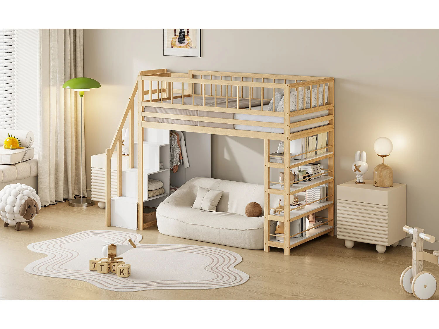 Letto a soppalco sicuro con armadio, ripiani e spazio di archiviazione, design multifunzionale, legno massello, color legno (244,3x103,3x180cm)