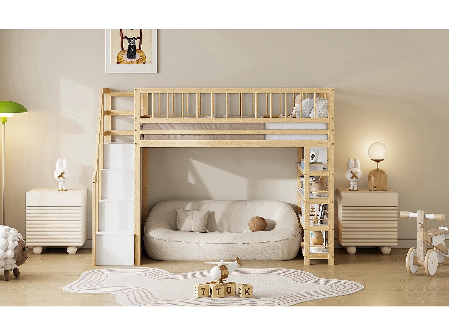 Letto a soppalco sicuro con armadio, ripiani e spazio di archiviazione, design multifunzionale, legno massello, color legno (244,3x103,3x180cm)