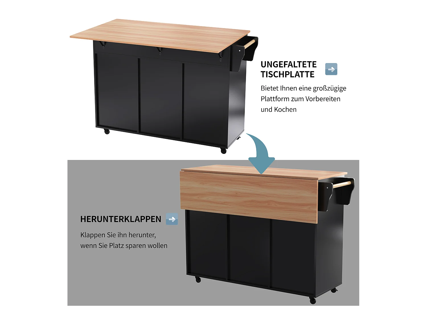 Table à manger extensible avec rangement, MDF, noir et naturel, 5 roues et 2 tiroirs (129x71x91.5cm)