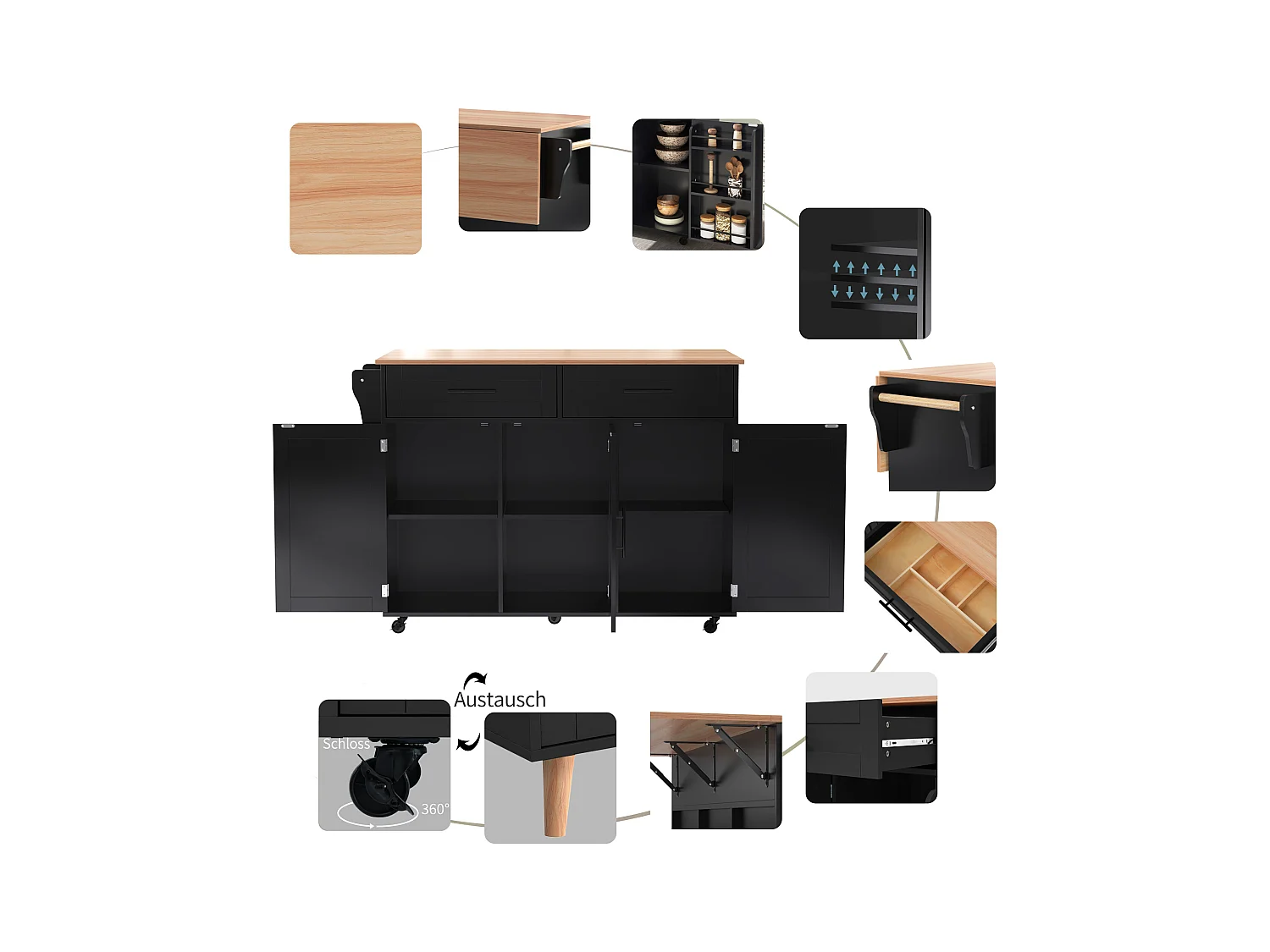 Table à manger extensible avec rangement, MDF, noir et naturel, 5 roues et 2 tiroirs (129x71x91.5cm)