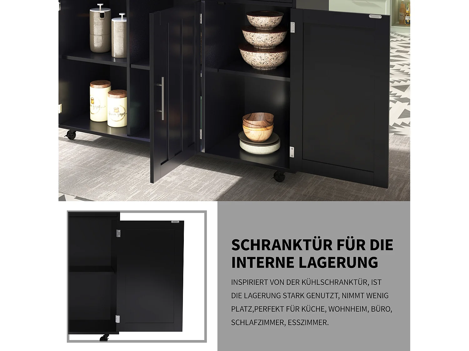 Tavolo da pranzo allungabile con contenitore, MDF, nero e naturale, 5 ruote e 2 cassetti (129x71x91,5cm)