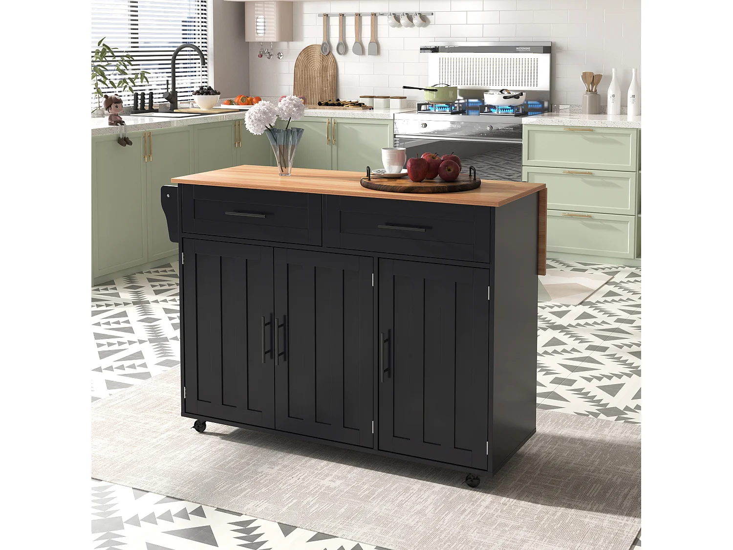 Tavolo da pranzo allungabile con contenitore, MDF, nero e naturale, 5 ruote e 2 cassetti (129x71x91,5cm)